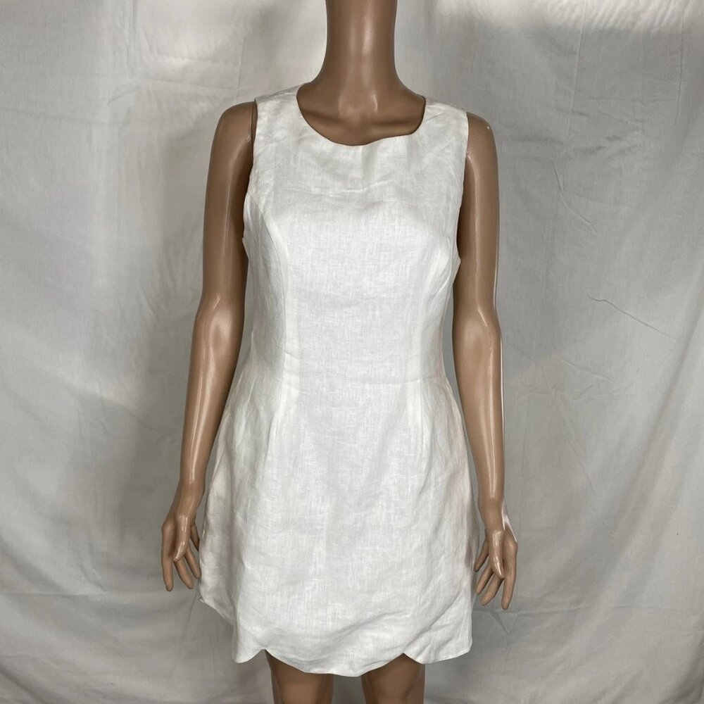 MABLE Women’s Linen Scalloped Hem Shift Dress Size S White Sleeveless Knee Lengt